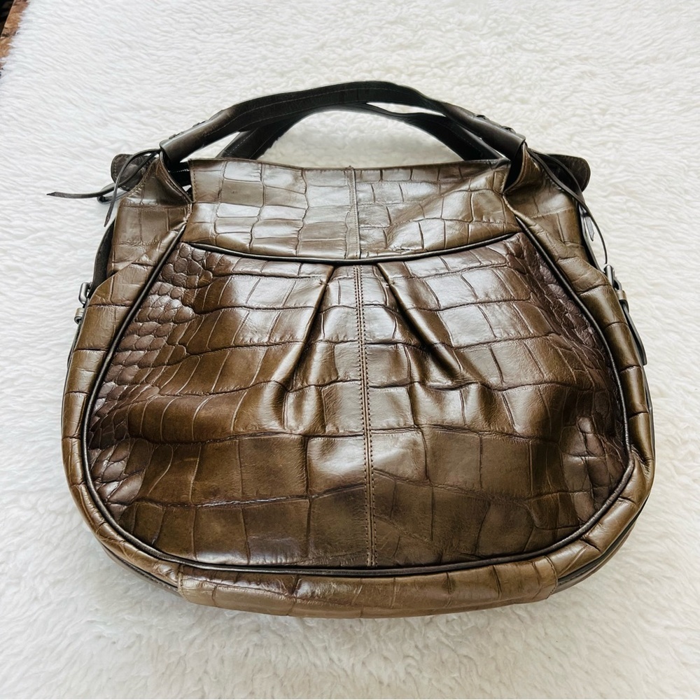 Francesco Biasia Italy Olive Crocodile Print Embossed Leather Large Bag
